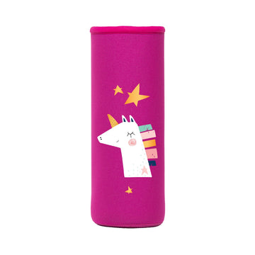 pinke neopren schutzhülle mit weißem einhorn design mit buntem horn für flaska schraubverschluss flasche