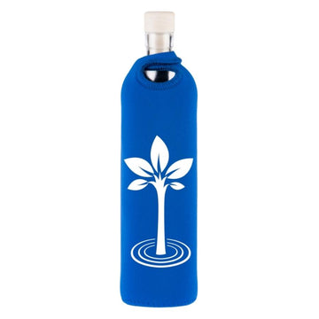 flaska wiederverwendbare glasflasche mit blauer neopren schutzhülle und lebensbaum design