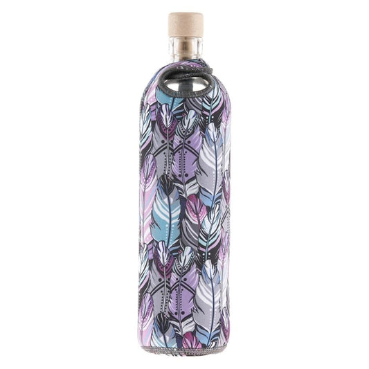 flaska wiederverwendbare glasflasche mit neopren schutzhülle und bunten federn design