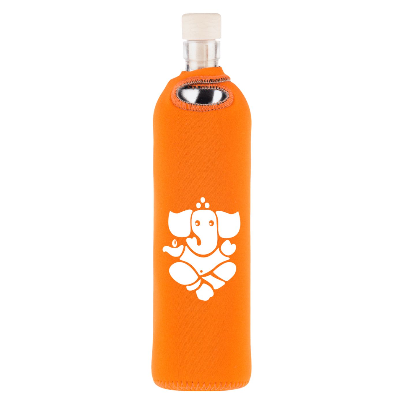 flaska wiederverwendbare glasflasche mit oranger neopren schutzhülle und ganesha design