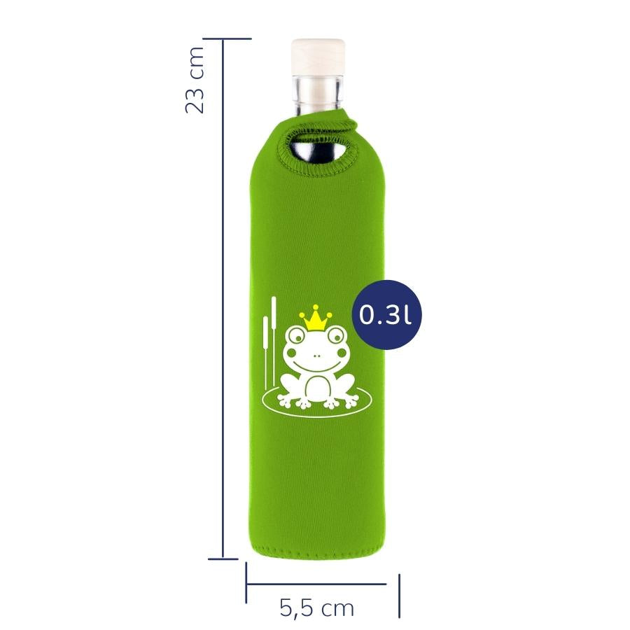 dimensionen der flaska mehrweg glasflasche mit grüner neopren schutzhülle und verzaubertem frosch design