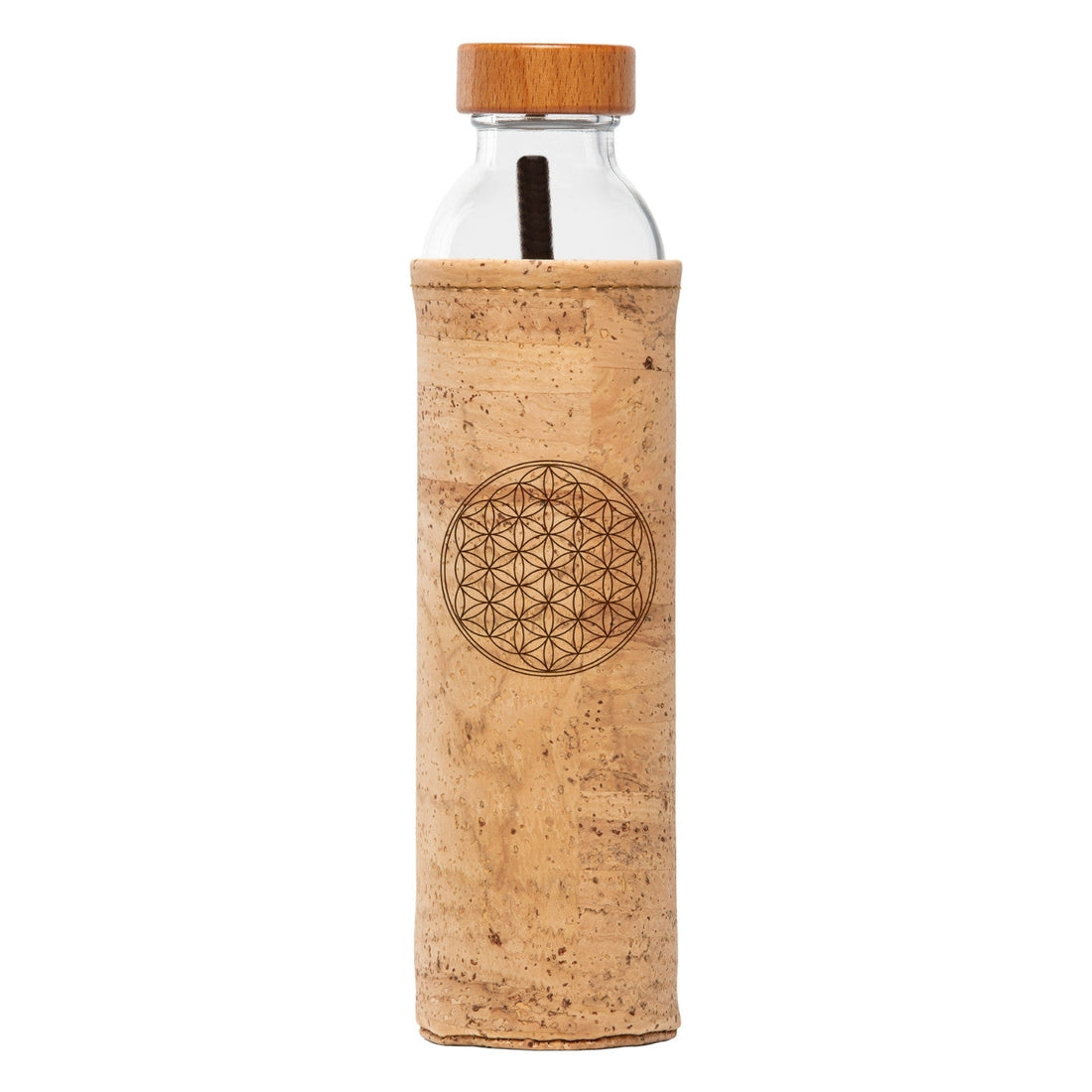 flaska wiederverwendbare glasflasche mit kork schutzhülle und blume des lebens design
