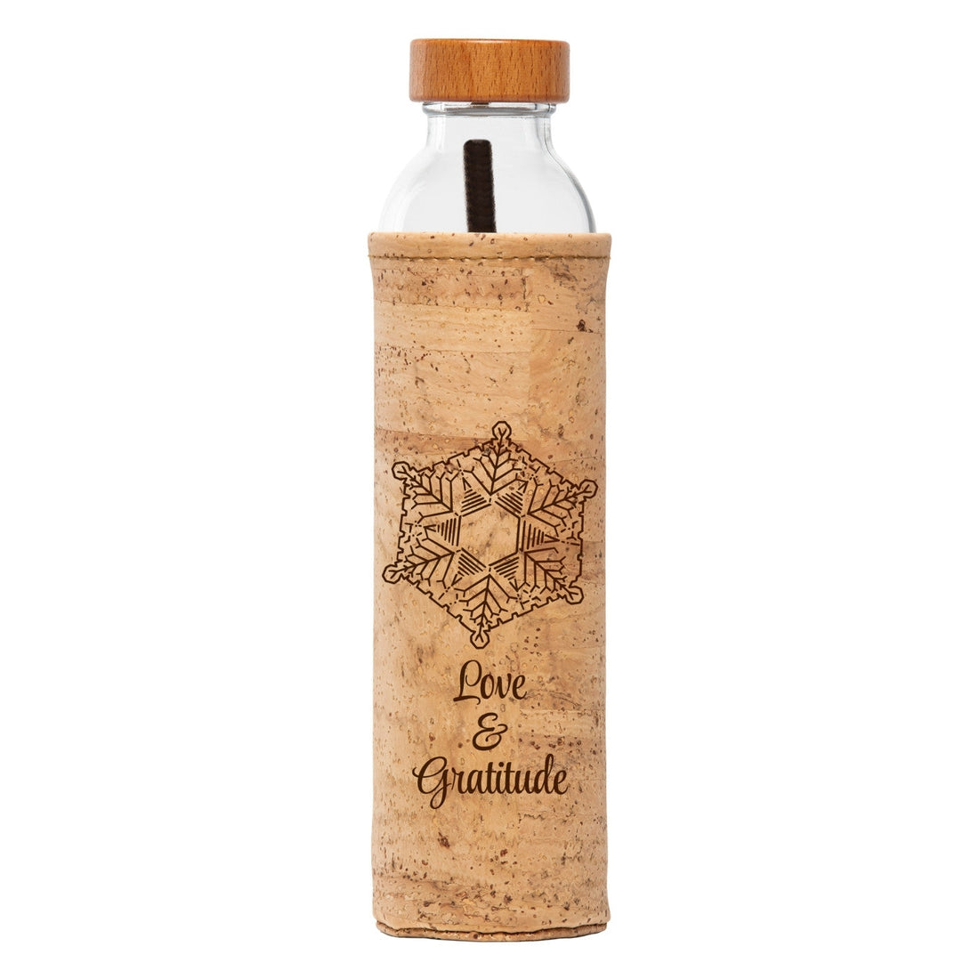 flaska wiederverwendbare glasflasche mit kork schutzhülle und masaru emoto wasser kristall design
