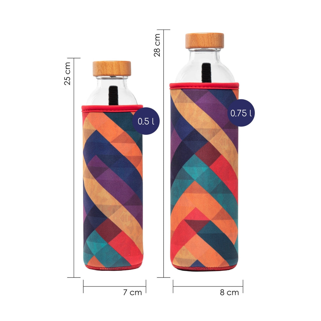 flaska wiederverwendbare glasflasche mit neopren schutzhülle und geometrischen formen in verschiedenen farben