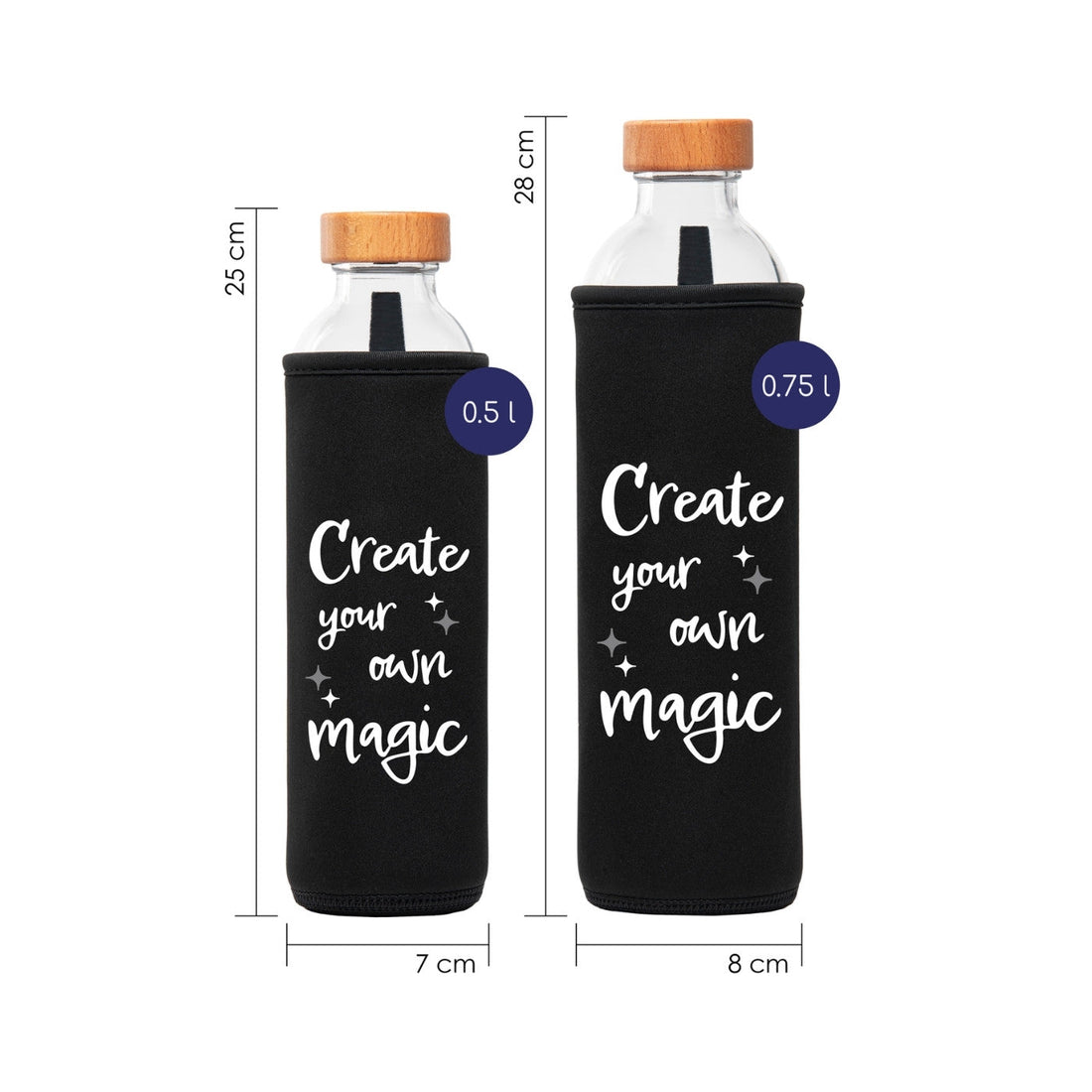 flaska glasflasche mit schwarzer neopren schutzhülle und magische wörter design