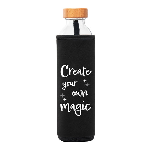 flaska glasflasche mit schwarzer neopren schutzhülle und magische wörter design