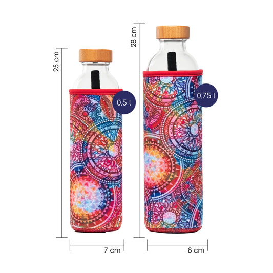 dimensionen der wiederverwendbaren flaska glasflasche mit roter neopren schutzhülle mit mandalas design