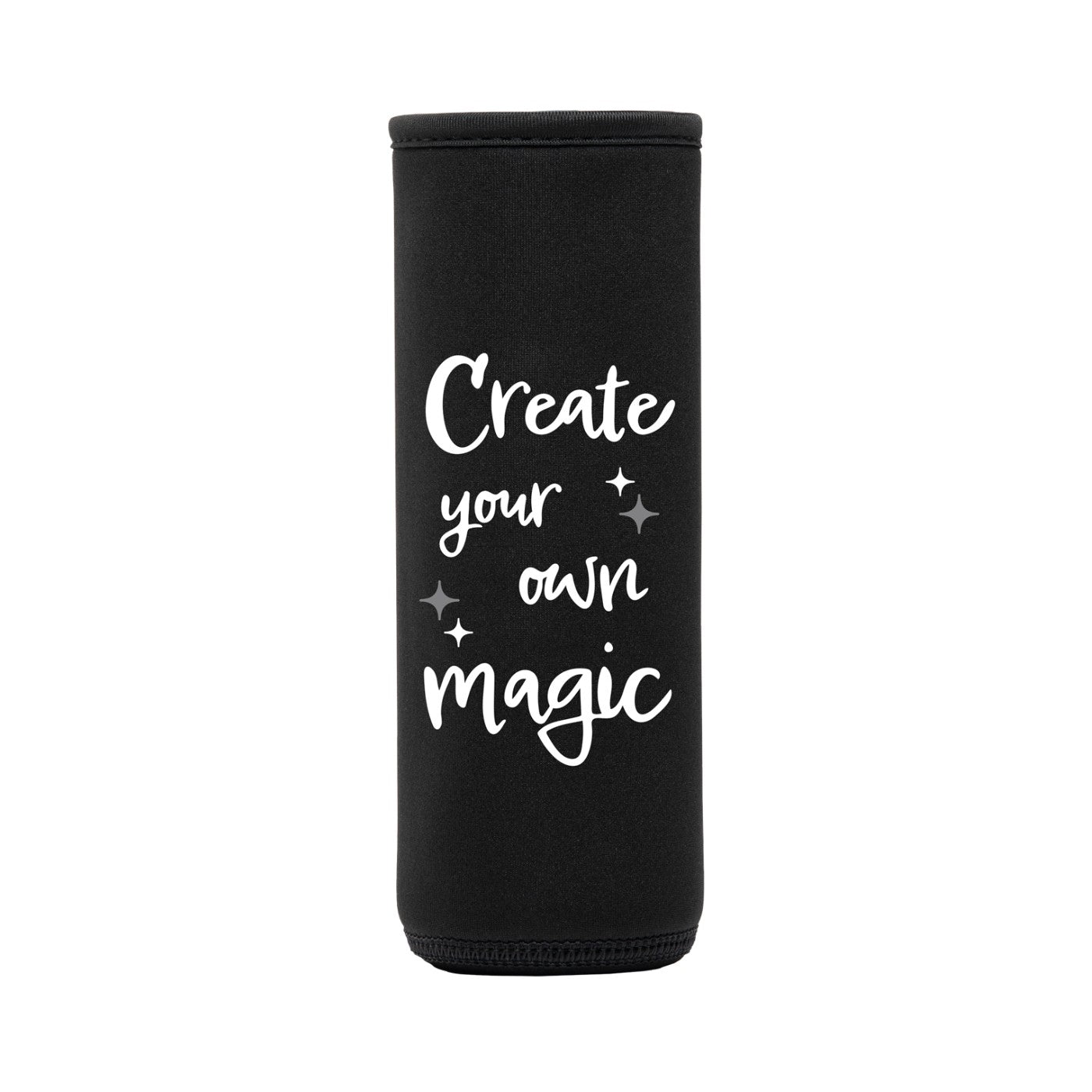schwarze neoprenschutzhülle mit text create your own magic und sternen für flaska schraubverschluss flasche