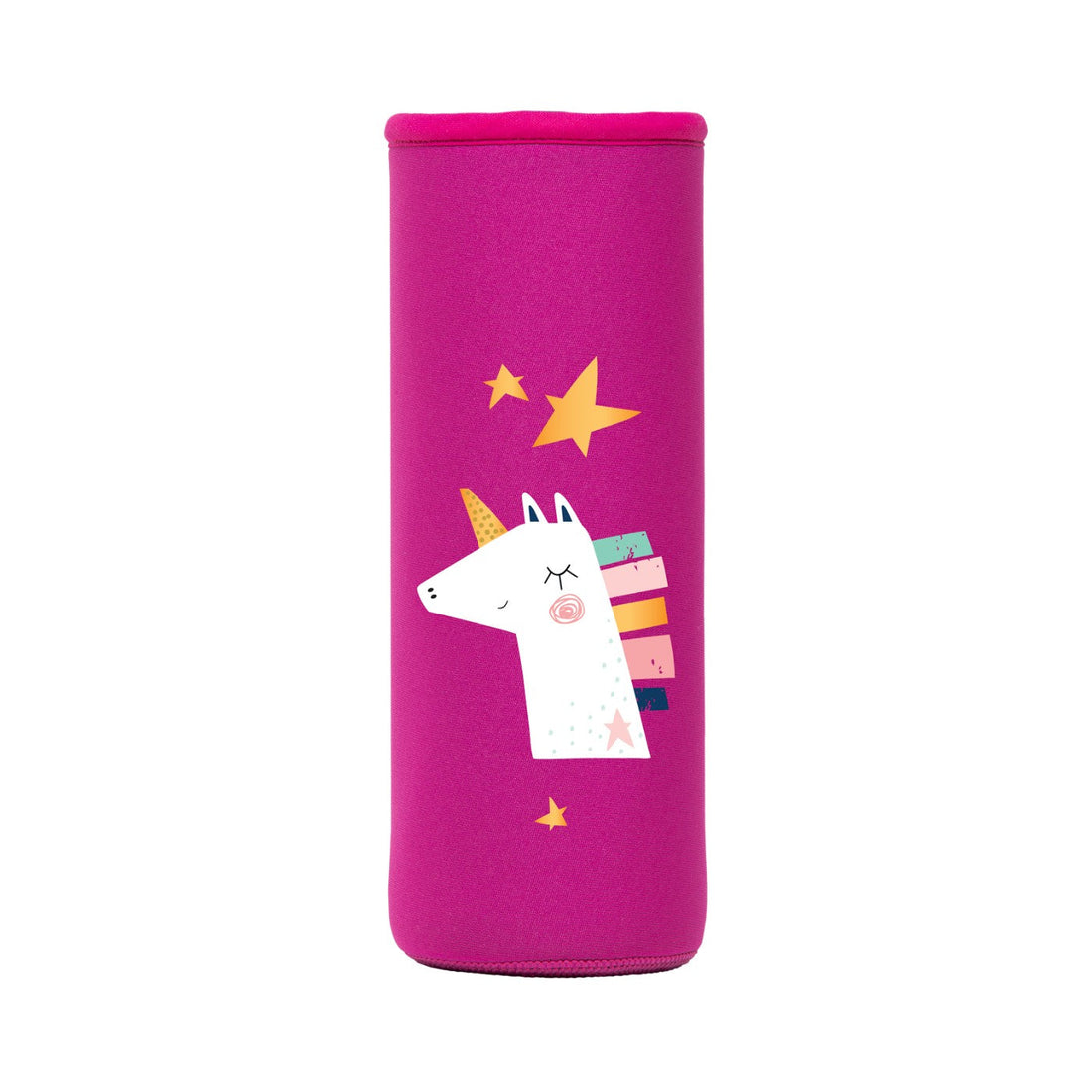 pinke neopren schutzhülle mit weißem einhorn design mit buntem horn für flaska schraubverschluss flasche