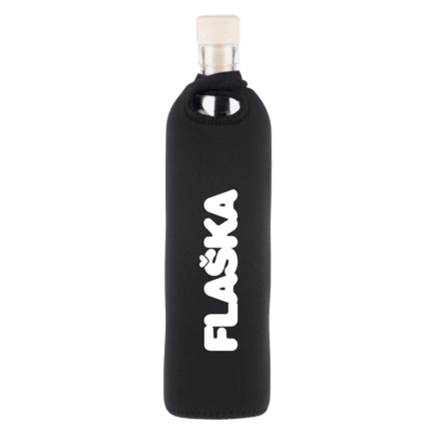 wiederverwendbare flaska glasflasche mit schwarzer neopren schutzhülle und flaska-logo design