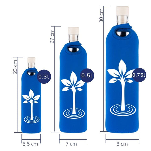 dimensionen der flaska wiederverwendbare glasflasche mit blauer neopren schutzhülle und lebensbaum design