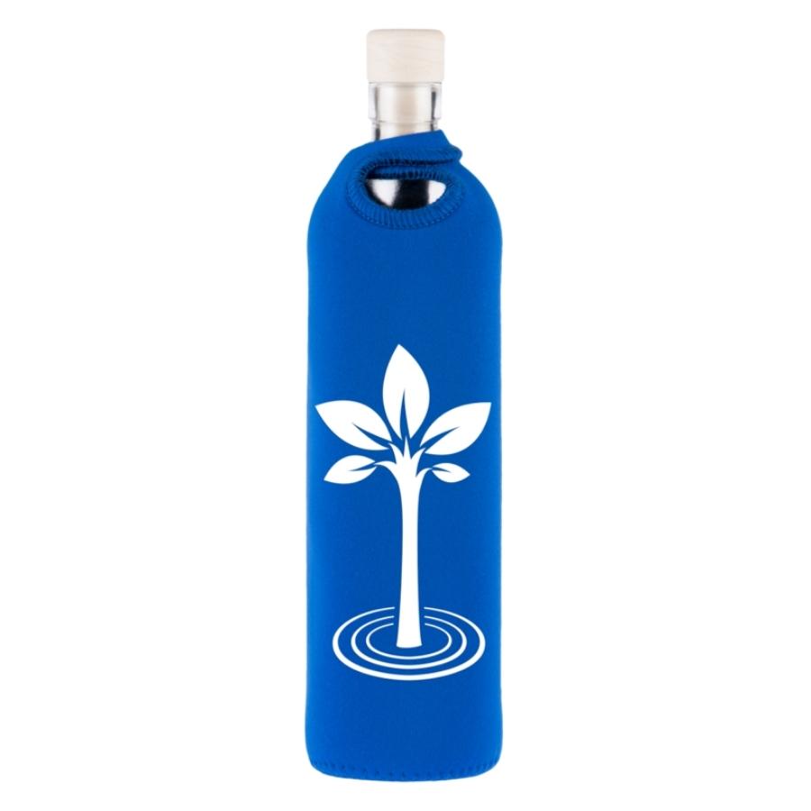 flaska wiederverwendbare glasflasche mit blauer neopren schutzhülle und lebensbaum design