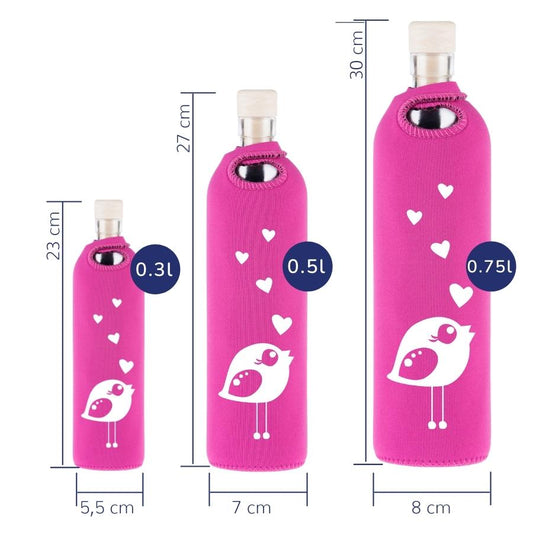 dimensionen der wiederverwendbare flasche aus glas mit pink neopren schutzhülle und vogel mit herzmotiv