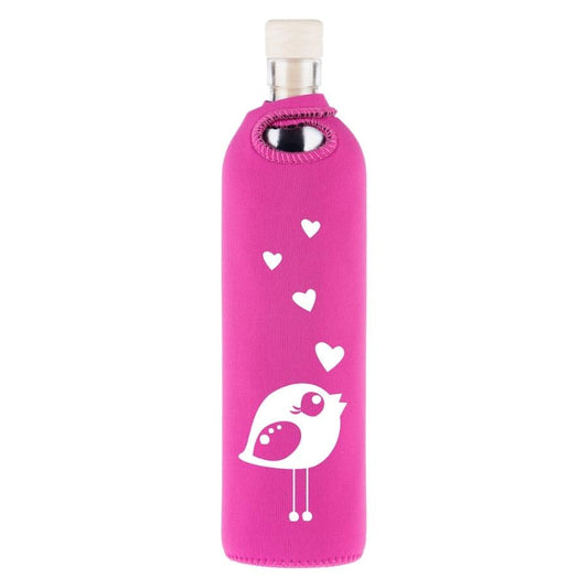 flaska wiederverwendbare glasflasche mit pink neopren schutzhülle und vogel mit herz design