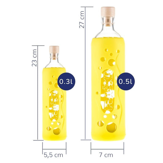 dimensionen der flaska wiederverwendbare glasflasche mit gelber silikon schutzhülle mit löchern