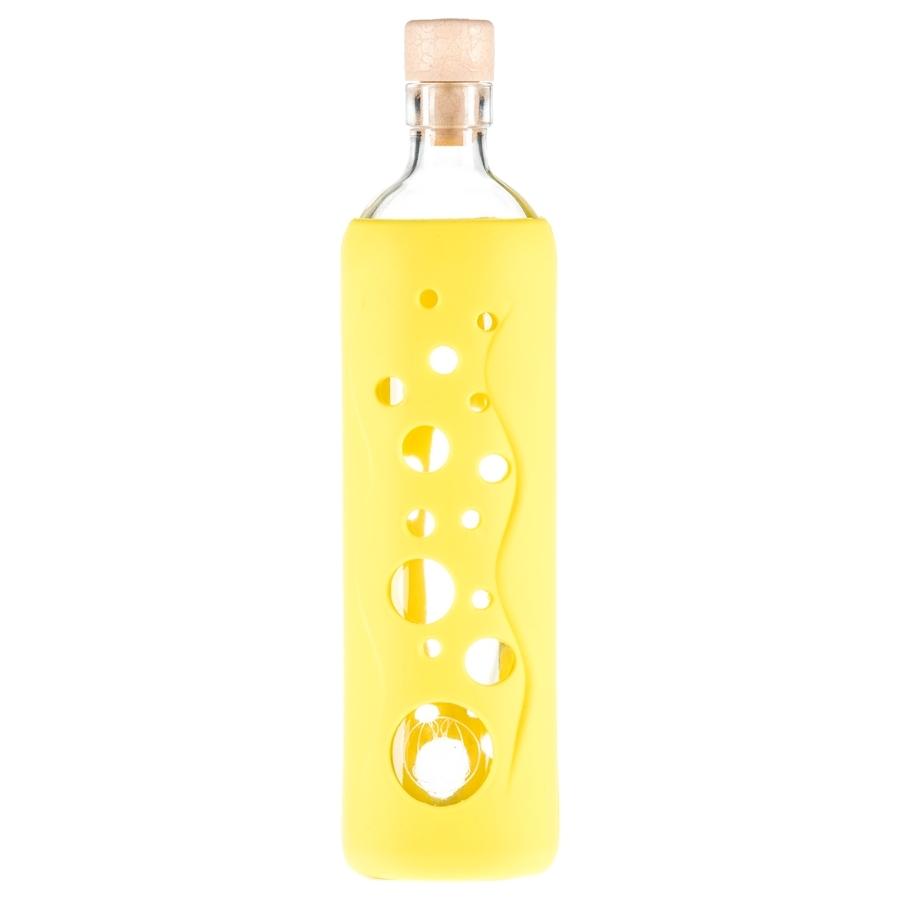 rückansicht der flaska wiederverwendbare glasflasche mit gelber silikon schutzhülle mit löchern