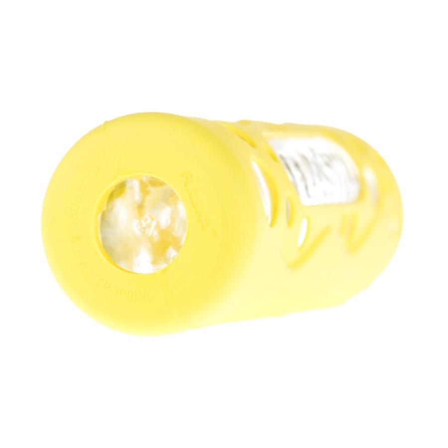bodenansicht der flaska wiederverwendbare glasflasche mit gelber silikon schutzhülle mit löchern