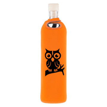 flaska wiederverwendbare glasflasche mit oranger neopren schutzhülle und Eule Auf Dem Ast design