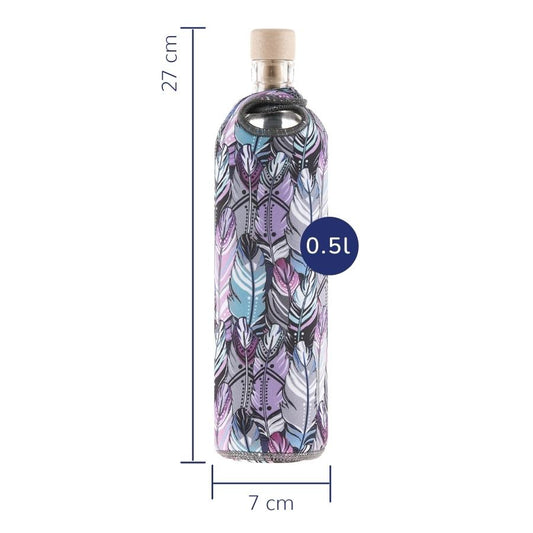 dimensionen der wiederverwendbaren flaska glasflasche mit neopren schutzhülle bunte federn design