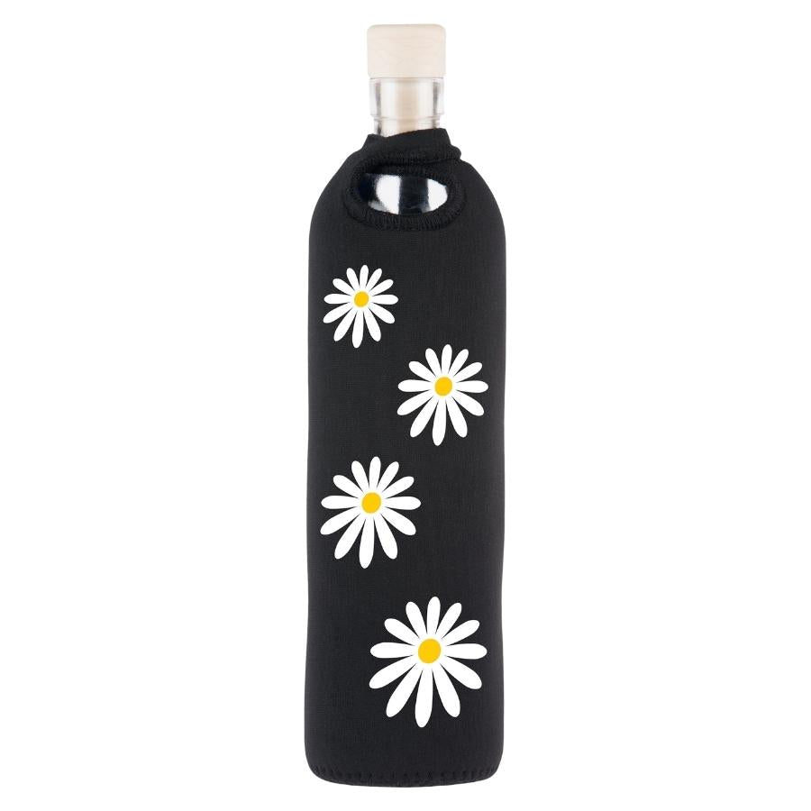 flaska wiederverwendbare glasflasche mit schwarzer neopren schutzhülle und gänseblümchen design