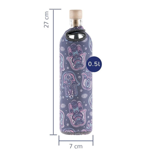 dimensionen der wiederverwendbaren flaska glasflasche mit neopren schutzhülle hamsa design