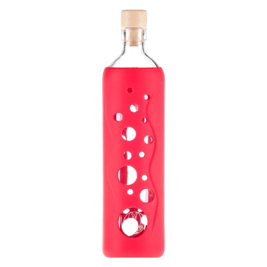 rückansicht der flaska wiederverwendbare glasflasche mit roter silikon schutzhülle mit löchern