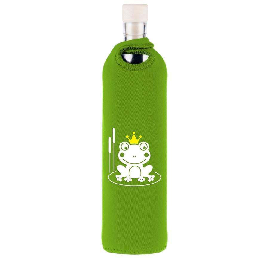 wiederverwendbare flaska glasflasche mit grüner neopren schutzhülle und verzaubertem frosch design