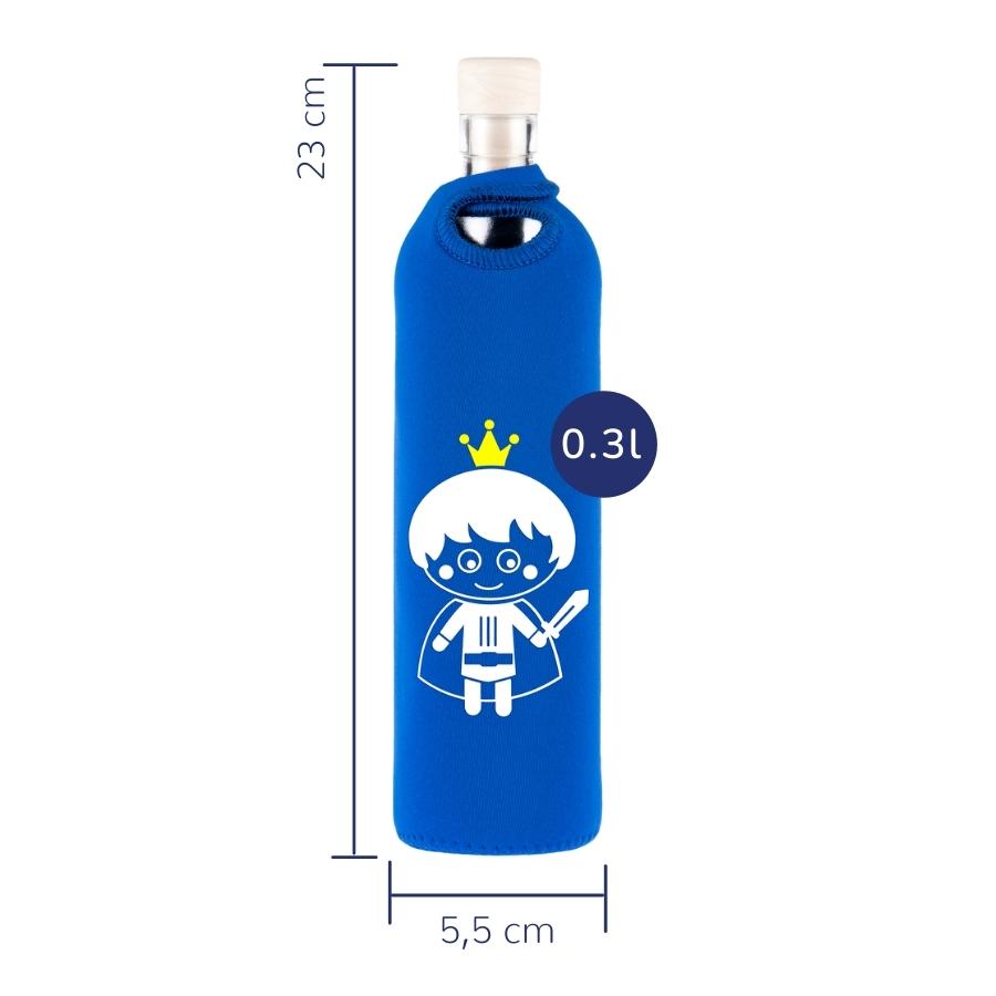 dimensionen der wiederverwendbaren flaska glasflasche mit blauer neopren schutzhülle und prinzen design