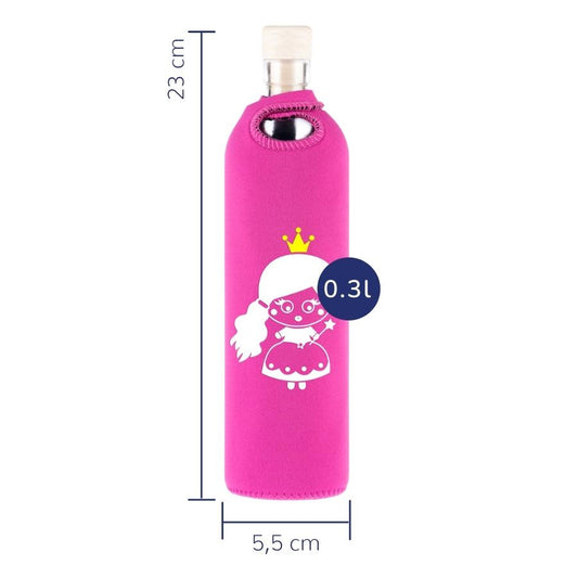 dimensionen der wiederverwendbaren flaska-glasflasche mit pinker neopren schuthülle und prinzessinnen design