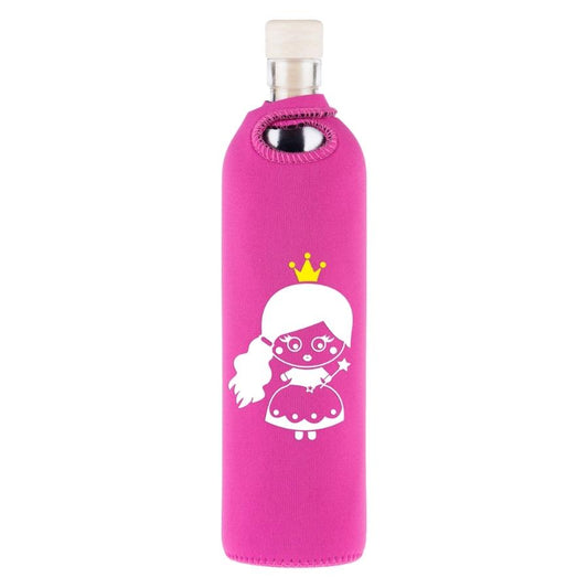 wiederverwendbare flaska-glasflasche mit pinker neopren schutzhülle und prinzessinnen design