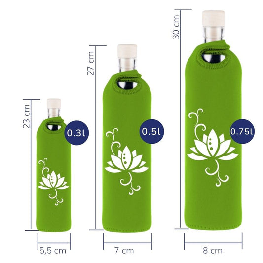 dimensionen der flaska mehrweg glasflasche mit grüner neopren schutzhülle und lotusblumen design