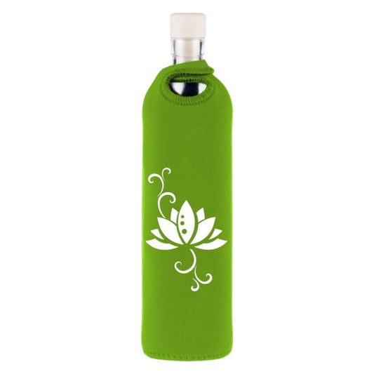 flaska wiederverwendbare glasflasche mit grüner neopren schutzhülle und lotusblumen design