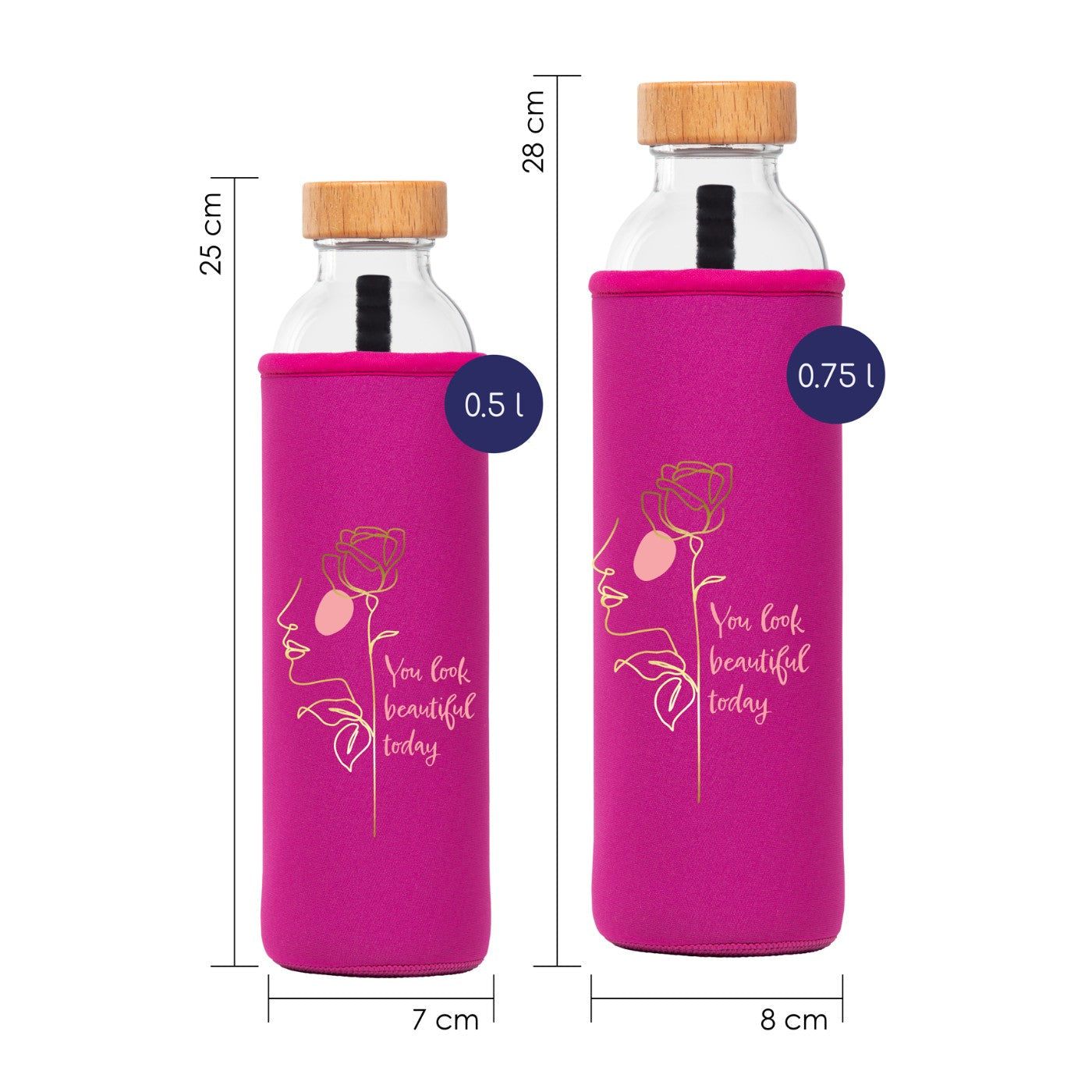 dimensionen von flaska glaswasserflasche mit pink neopren schutzhülle und design frau profil gesicht mit blume