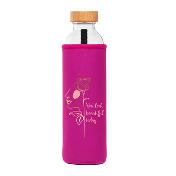 flaska glasflasche mit pink neopren schutzhülle und blume frau profil gesicht design