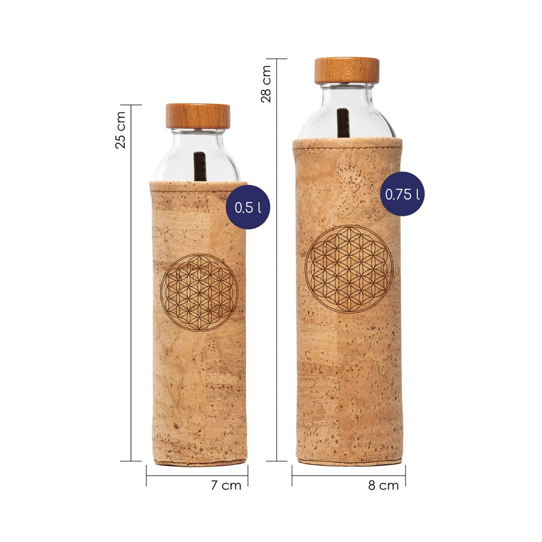 flaska wiederverwendbare glasflasche mit kork schutzhülle und blume des lebens design
