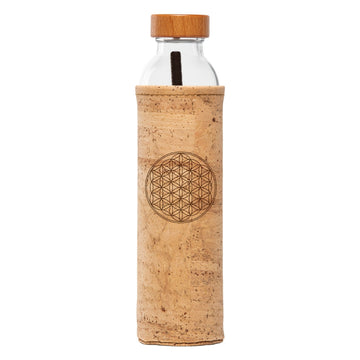 flaska wiederverwendbare glasflasche mit kork schutzhülle und blume des lebens design