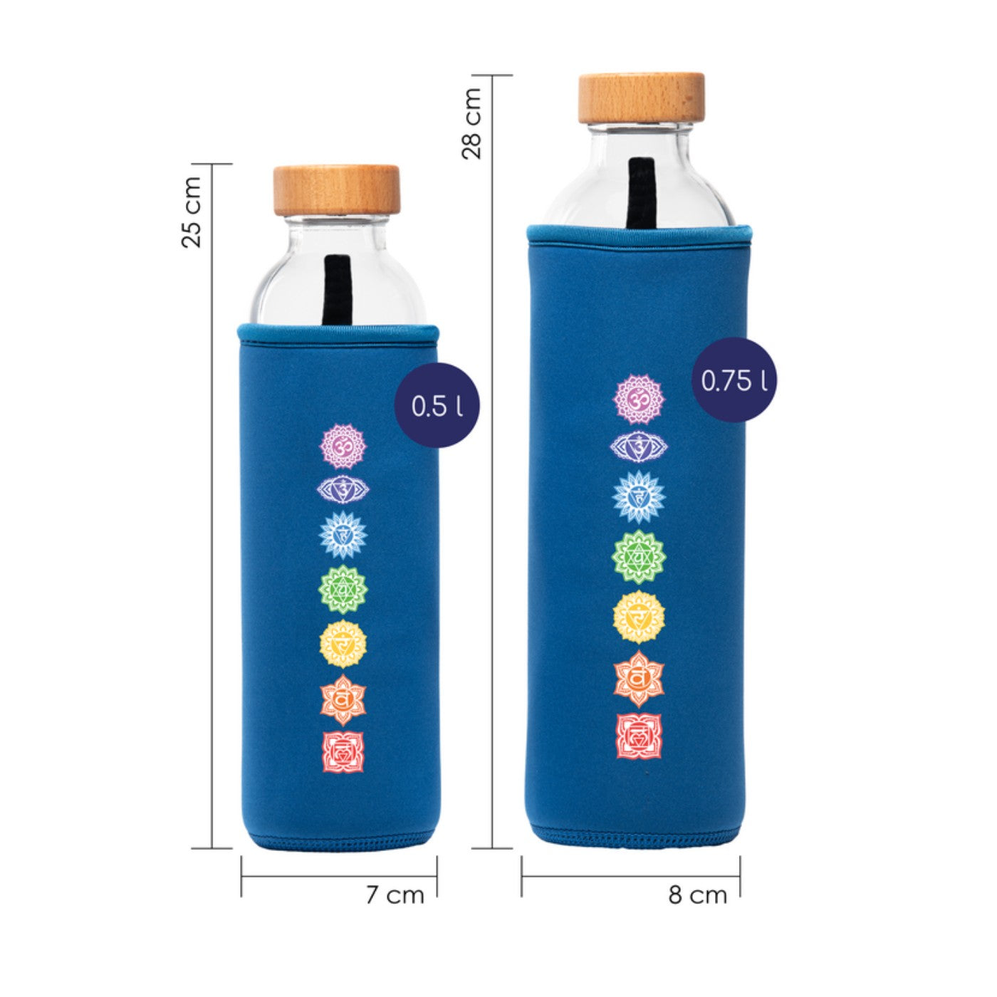 dimensionen der flaska glaswasserflasche mit blauer neopren schutzhülle und chakra design farben