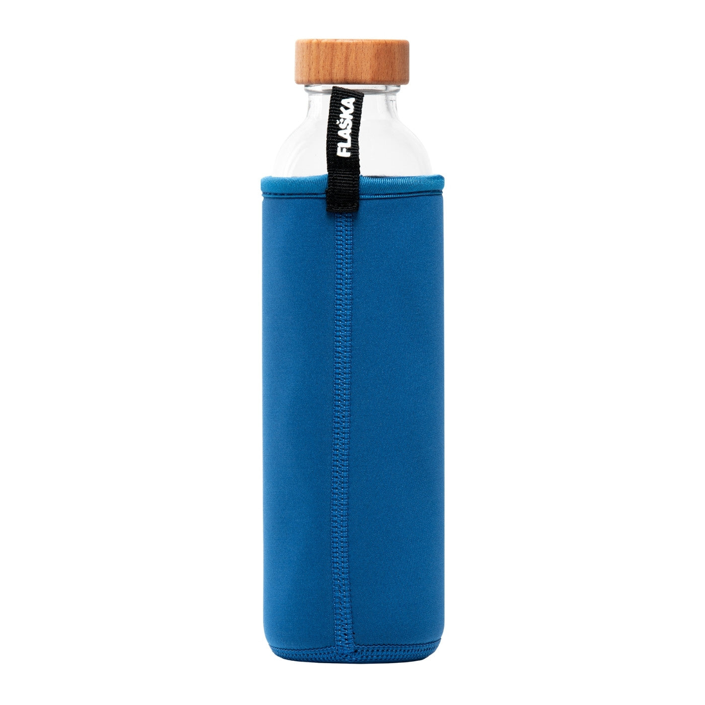 rückansicht flaska glaswasserflasche mit blauer neopren schutzhülle