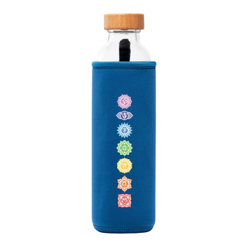 flaska glaswasserflasche mit blauer neopren schutzhülle und chakra farben design