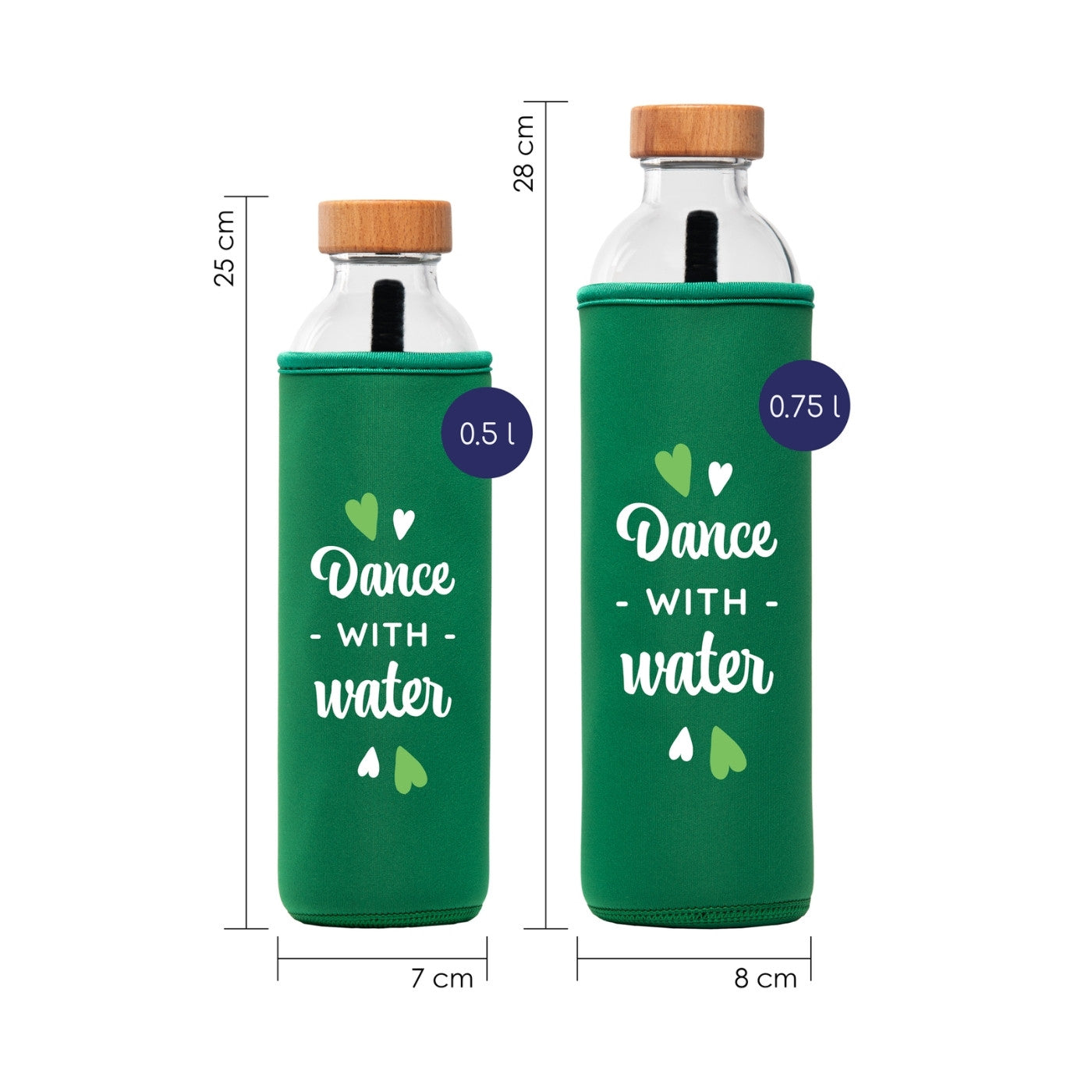 dimensionen der flaska glaswasserflasche mit grüner neopren schutzhülle und tanzbuchstaben design