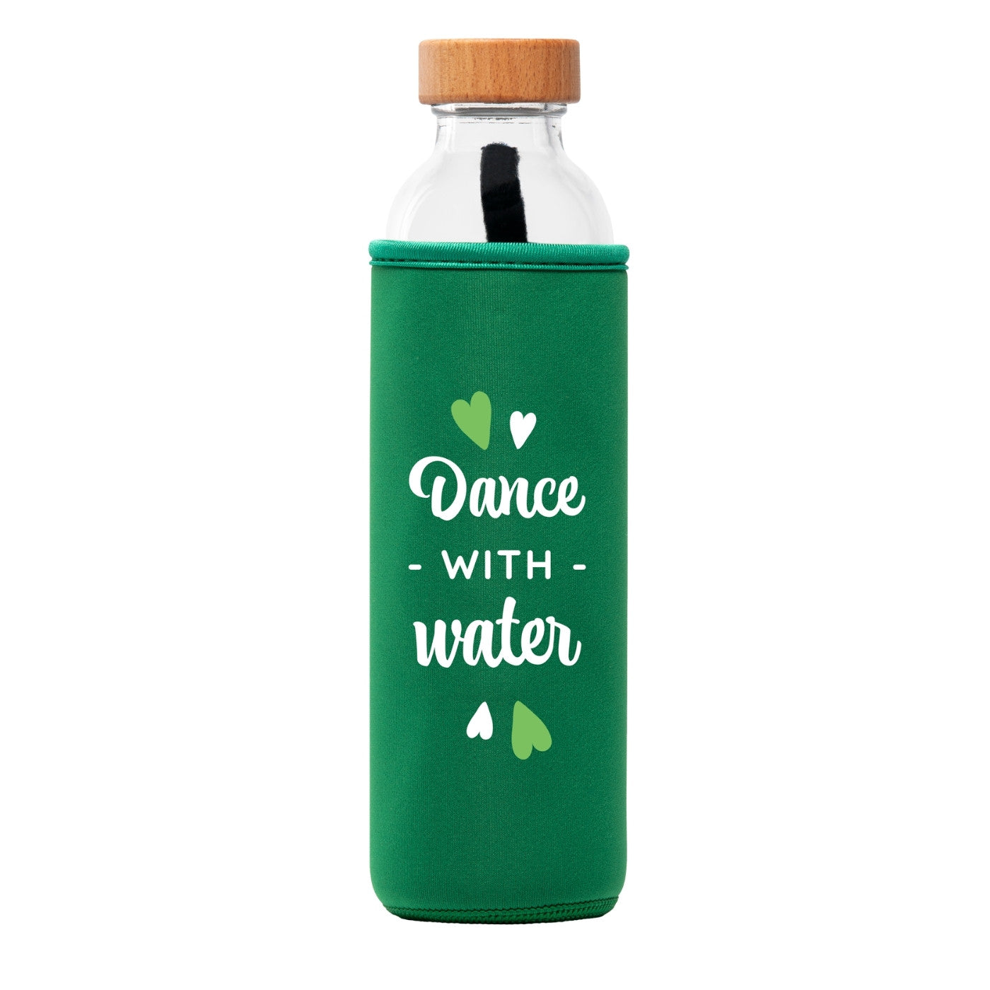 flaska glaswasserflasche mit grüner neopren schutzhülle und tanzbuchstaben design