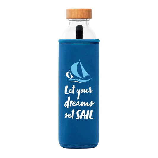 flaska glasflasche mit blauer neopren schutzhülle und segel schriftzug design