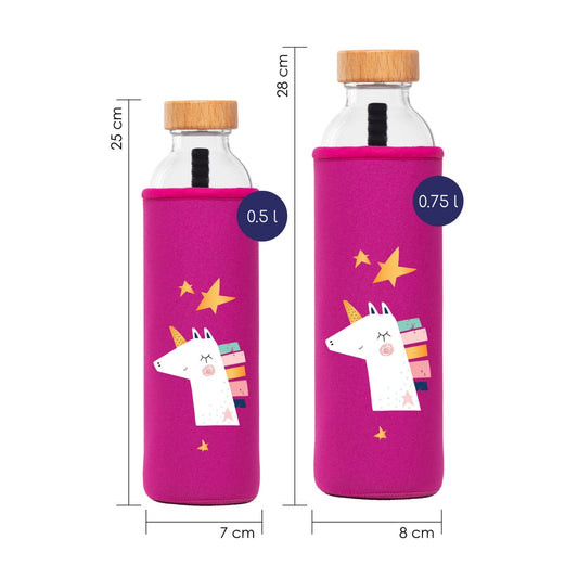 dimensionen der flaska glaswasserflasche mit pink neopren schutzhülle und einhorn design