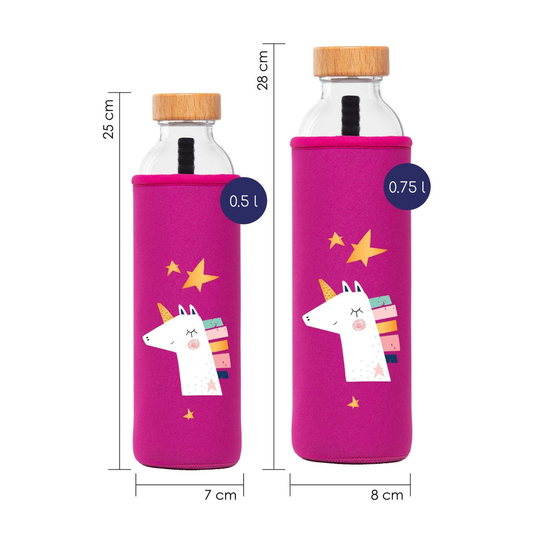 flaska glasflasche mit pink neopren schutzhülle und einhorn design