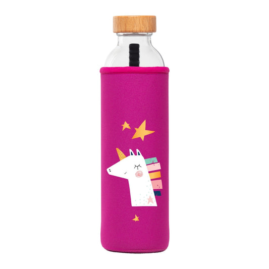 flaska glasflasche mit pink neopren schutzhülle und einhorn design