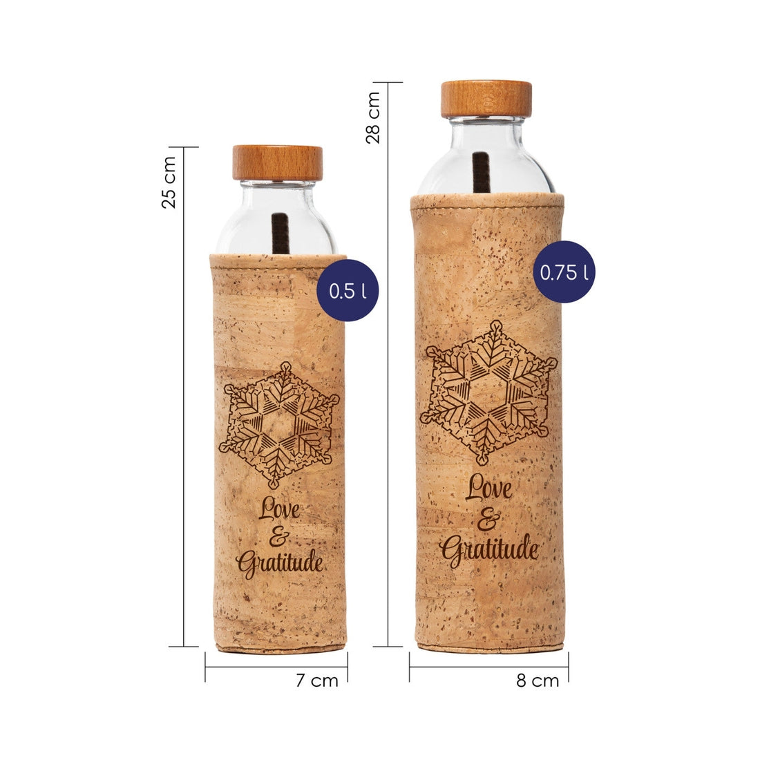 flaska wiederverwendbare glasflasche mit kork schutzhülle und masaru emoto wasser kristall design