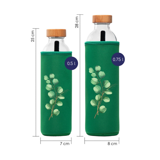 dimensionen der flaska glaswasserflasche mit grüner neopren schutzhülle und blattdesign