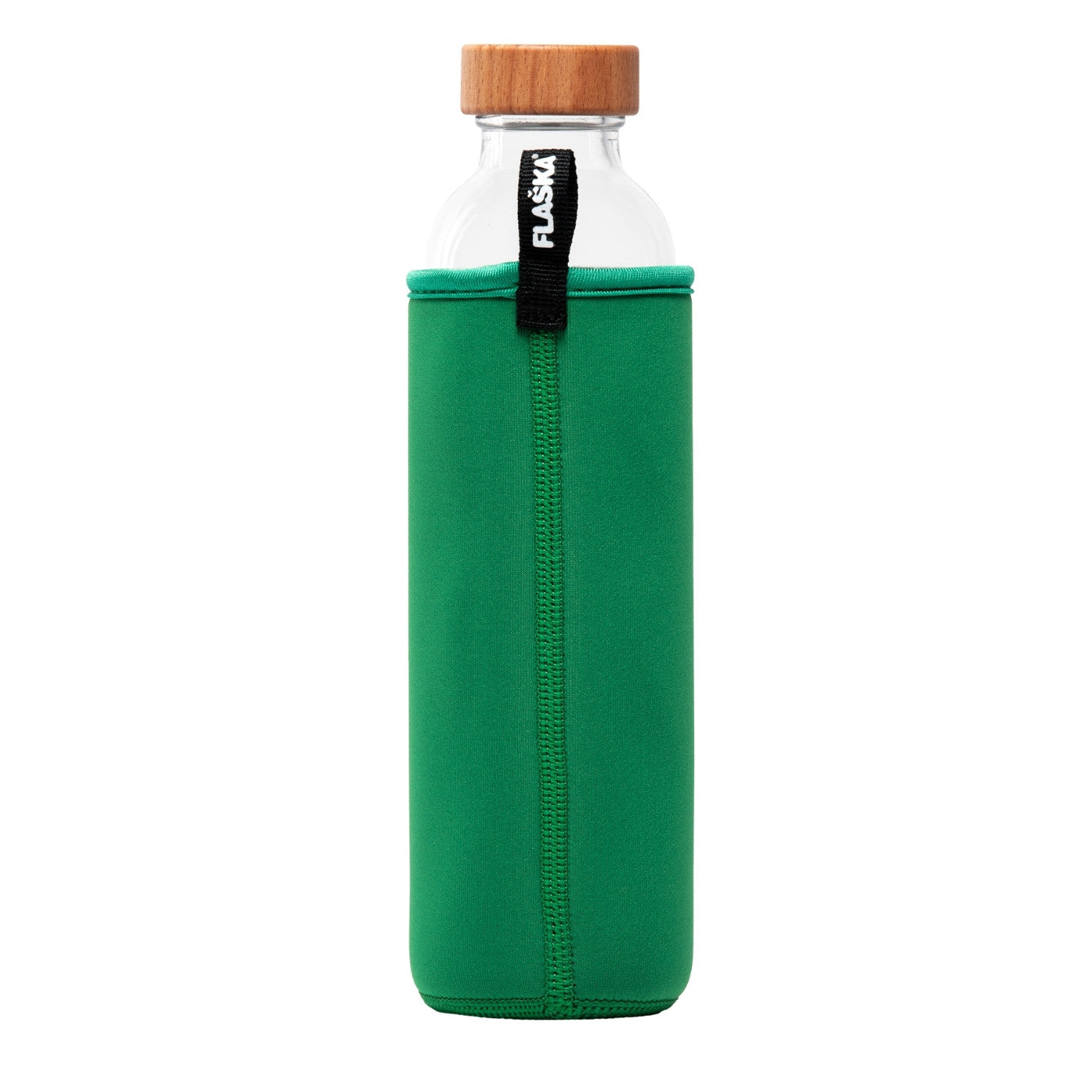 rückansicht flaska glaswasserflasche mit grüner neopren schutzhülle