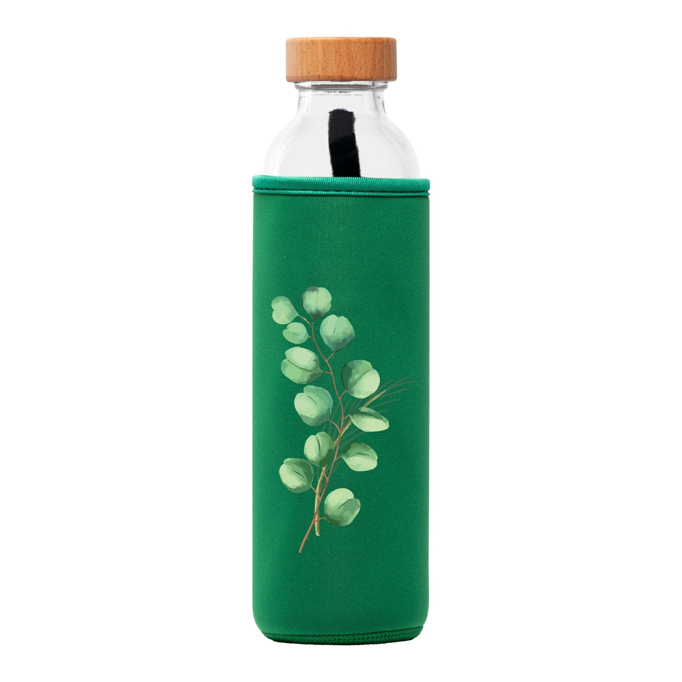 flaska glasflasche mit grüner neopren schutzhülle und blätter design