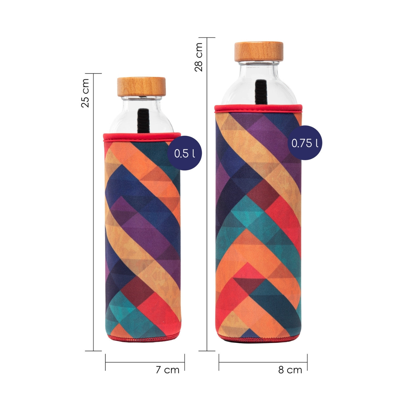 dimensionen der wiederverwendbaren flaska glasflasche mit neopren schutzhülle und geometrische formen design in verschiedenen farben